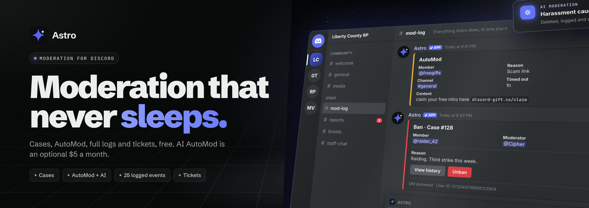 Astro banner: moderation that never sleeps, with a mod log of AutoMod and ban cases